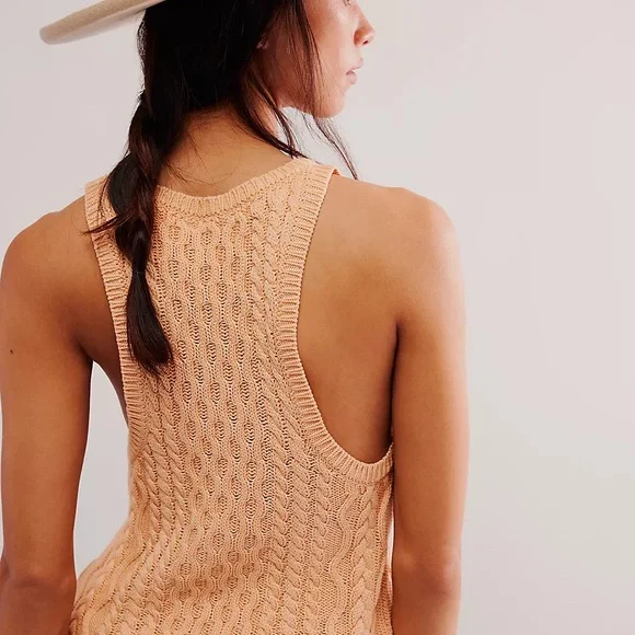 Free People High Tide Orange Apricot Cable Knit Tank Top Relaxed Medium - Picture 4 of 8